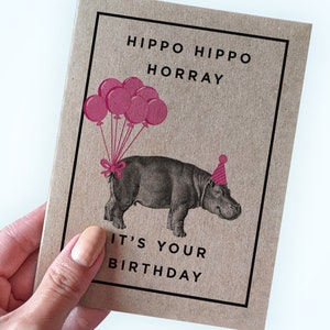 Funny Hippo Pun Birthday Card - Hippo Hippo Hurray It's Your Birthday - Hippopotamus Birthday Card - A2 Greeting Card - Recycled Kraft Card
