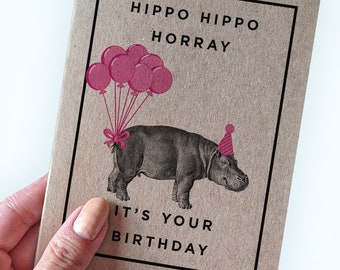 Funny Hippo Pun Birthday Card - Hippo Hippo Hurray It's Your Birthday - Hippopotamus Birthday Card - A2 Greeting Card - Recycled Kraft Card