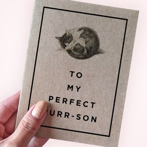 Carte de Saint-Valentin chat - À mon fils qui ronronne parfait - carte de Saint-Valentin - carte d'anniversaire de chat - carte de voeux A2 - carte Kraft recyclée