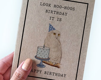 Snowy Owl Pun Birthday Card - Look Hoo Hoos Birthday It Is - Happy Birthday - Cute Owl Birthday Card - Pun Birthday Cards For Friend