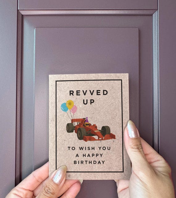 Formula 1 Theme Birthday Card - Revved Up To Wish You A Happy Birthday - F1 Theme Birthday Card - Car Racing Birthday Cards