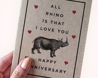 Funny Rhino Pun Anniversary Card - All Rhino is that I love you - Happy Anniversary - Anniversary card for Girlfriend - Card for Boyfriend