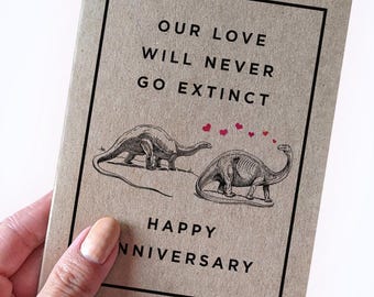 Nuestro amor jamás se extinguirá - Feliz aniversario - Tarjeta de aniversario con juego de palabras sobre dinosaurios - Tarjetas de aniversario divertidas