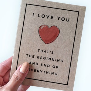 Je t'aime, c'est le début et la fin de tout - carte d'anniversaire en papier kraft - carte de Saint-Valentin citation F Scott Fitzgerald