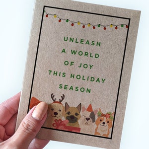 Carte de Noël sur le thème chien - Libérez un monde de joie en cette période des fêtes - Carte de Noël chien mignon - Carte kraft recyclée A2 pour les fêtes
