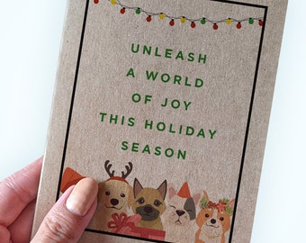 Dog Themed Christmas Card - Unleash A World of Joy This Holiday Season - Cute Dog Holiday Card -  A2 Holiday Recycled Kraft Card