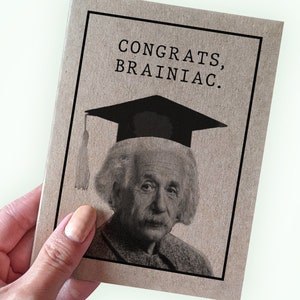 Carte de fin d'études drôle Einstein - félicitations Brainiac - pour l'obtention du diplôme 2024 - carte de voeux A2 - carte Kraft - carte de remise des diplômes drôle