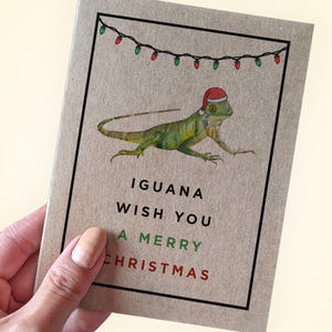 Carte de Noël iguane jeu de mots - iguane vous souhaite un joyeux Noël - carte de vœux animal mignon pour les amis - imprimée avec du papier kraft recyclé
