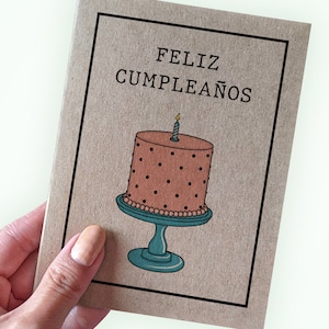 Carte d'anniversaire Feliz Cumpleanos pour Mexicains hispanophones, carte d'anniversaire simple avec carte de gâteau élégante disponible en différentes langues