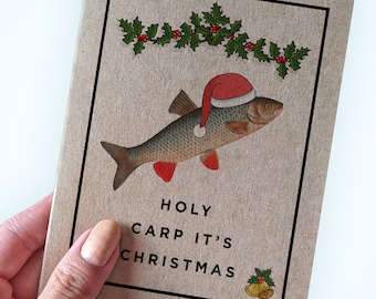 Fish Pun Christmas Card - Holy Carp It's Christmas - Funny Christmas Card For Family Members and Friends - Funny Holiday Card