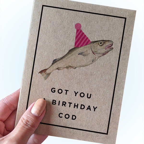 Te conseguí un bacalao de cumpleaños - Hilarious Birthday Card Pun - Tarjeta de cumpleaños para él - Tarjeta de felicitación A2 - Tarjeta Kraft reciclada