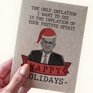 Carte de Noël gonflée Jerome Powell - La seule inflation que je veux voir, c'est l'inflation de votre esprit festif - Fabriquée à partir de papier recyclé