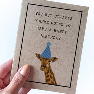 Jolie carte d'anniversaire girafe pour un ami, vous pariez girafe que vous allez avoir un joyeux anniversaire, jeu de mots carte d'anniversaire pour papa, carte d'anniversaire de maman