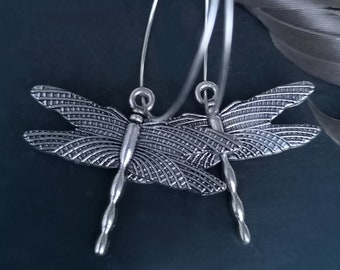 dragonfly hoop, dragonfly earrings, silver hoop with dragonfly, hippie, boho, valentines gift, birthday gift, silver hoop,