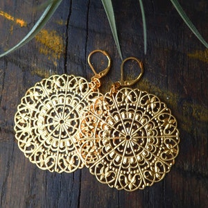 XL MANDALA earrings brass gold, BOHO, tribal, large earrings, circle earrings, statement earrings, hippie, yoga, clips, clip on, gift