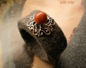 ring , felt jewelry, with coral bead on top, felt ring, handmade felt ring,