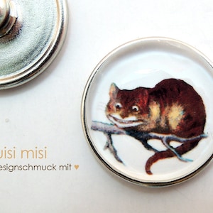 Può includere: Un bottone rotondo argentato con l'illustrazione di un gatto sorridente. Il gatto è marrone, giallo e bianco, appollaiato su un ramo su sfondo bianco. Il testo "luisi misi designschmuck mit" è visibile.