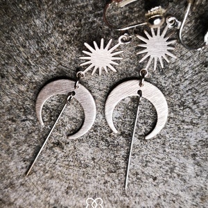 clips MOON + SUN pendulum, silver earrings celestial bodies, minimalist, hippie, boho, geometric, statement, ear clips, moon