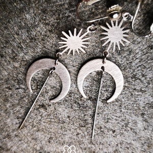 clips MOON + SUN pendulum, silver earrings celestial bodies, minimalist, hippie, boho, geometric, statement, ear clips, moon