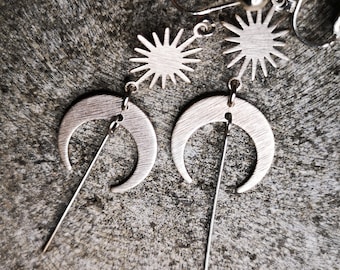 clips MOON + SUN pendulum, silver earrings celestial bodies, minimalist, hippie, boho, geometric, statement, ear clips, moon