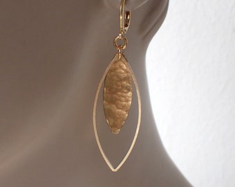 Earrings GOLD LEAF, hammered, ear clips leaf, brass, drop earrings gold, minimalist earrings, mini hoop earrings gold, marquise