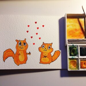 Carte de Saint-Valentin aquarelle originale peinte à la main | Écureuil | Coeurs rouges | Uniques | Particulier | Mignon