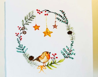 Carte de Noël aquarelle originale peinte à la main | Noël | Couronne de Noël | Décoration de porte | Cartes de voeux | Uniques | Individuel