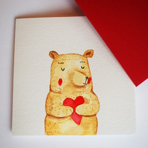 Carte de Saint-Valentin aquarelle originale peinte à la main | Ours | Coeurs | Romance | Rouge | Uniques | Individuel