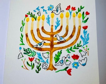 Biglietto di auguri originale dipinto a mano con acquerello per Hanukkah / Biglietti di auguri / Unici / Individuali