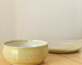 Handmade Ceramic Small Soup Bowl and Dessert Plate | Set | Yellow | Unique