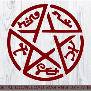 May include: A maroon pentagram design with stylized symbols inside a circle. The design is set against a white wood grain background. The text "DIGITAL DOWNLOAD SVG PNG DXF AI EPS" is at the bottom.