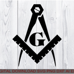 May include: Black and white silhouette of a compass and square with a letter G in the centre. The symbol is commonly associated with Freemasonry.