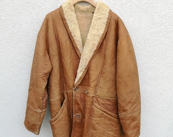 Vintage Italian Shearling Jacket – BACCANTE Men’s Tan Leather Coat  - 80s Sheepskin Overcoat
