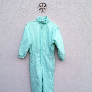 Mint Green Ski Suit – Vintage 80s One-Piece Snow Coverall,  Retro Winter Outfit