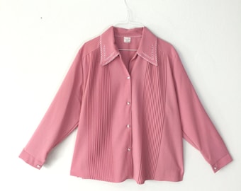 Vintage jaren '70 geplooide blouse - geborduurd antiek roze shirt met lange mouwen voor dames