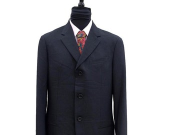 Blazer de traje de mezcla de lana con raya diplomática negra de Armani Collezioni de los años 90, talla 48R