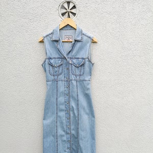 Vintage 90s Distressed Denim Dress- Snap Button , Long Maxi Women&#39;s Sleeveless Shirtdress  Medium