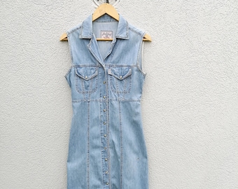Vintage 90s Distressed Denim Dress- Snap Button , Long Maxi Women&#39;s Sleeveless Shirtdress  Medium