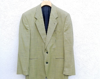Vintage Check Blazer Men, Italian Blazer, Linen Silk Wool, Black