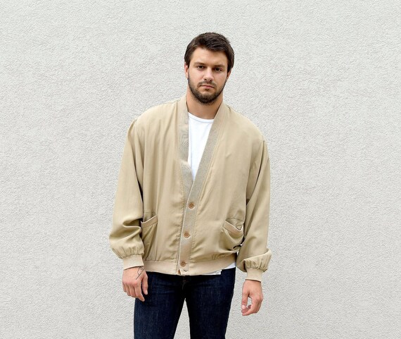 Men 80s Bomber Jacket Beige Silk Bomber Outer