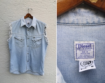 Vintage 80er 90er DIESEL Ärmelloses Jeanshemd Druckknopf Ausgefranste Herren Jeans Weste Größe Medium