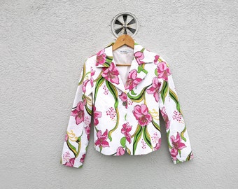Veste boléro courte à imprimé botanique et fleurs -Blazer à fleurs de l'an 2000 pour femmes - Petite taille
