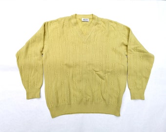 Yellow Lambswool Sweater Men's size Large - Vintage 90s  United Colors of Benetton  Cable Knit Jumper