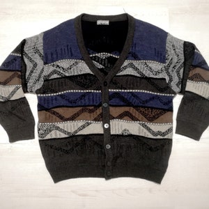 Vintage Gio Ferrari Merino Wool Cardigan: Abstract Knit Jacket (Size L/XL)