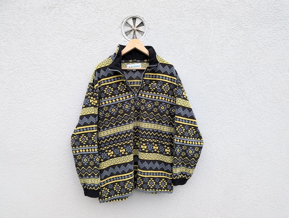 Diadora, 90s Diadora Quarter Zip Fleece Sweater: Geometric Nordic Pattern