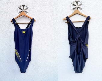 Vintage 90s ARENA Navy Blue Sport Swinsuit for Women and Girls One Piece Bathing suit Retro Swimwear