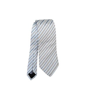 May include: A pale blue and white striped tie with thin black and tan stripes. The tie is made of a smooth fabric and is displayed against a white background. A classic accessory for formal or business wear.