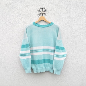 Vintage 90s Knit Sweater: Blue Turquoise Striped Hipster Pullover