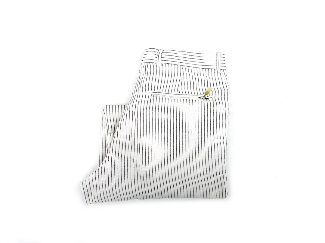 Vintage 80s Mens White Striped Linen Pants Comfort Fit Straight Leg