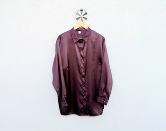 Women's 90s Vintage Purple Satin Blouse -  Monochromatic Preppy Chic Long Sleeve Shirt - size D-52